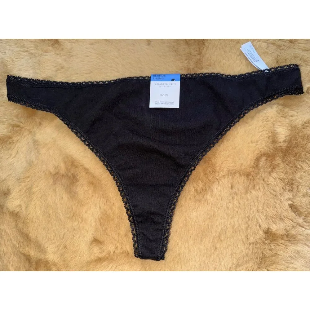 Charter Club Everyday Cotton Women's Lace-Trim Thong, Black, Size XL, NWT - Picture 2 of 4